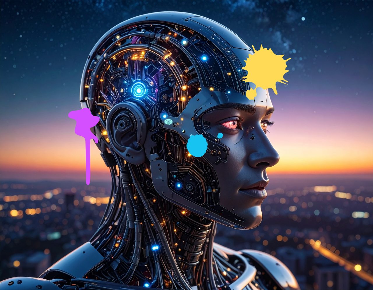 Robot humanoide de QHipnosis con manchas de pintura de colores, frente a una ciudad al atardecer