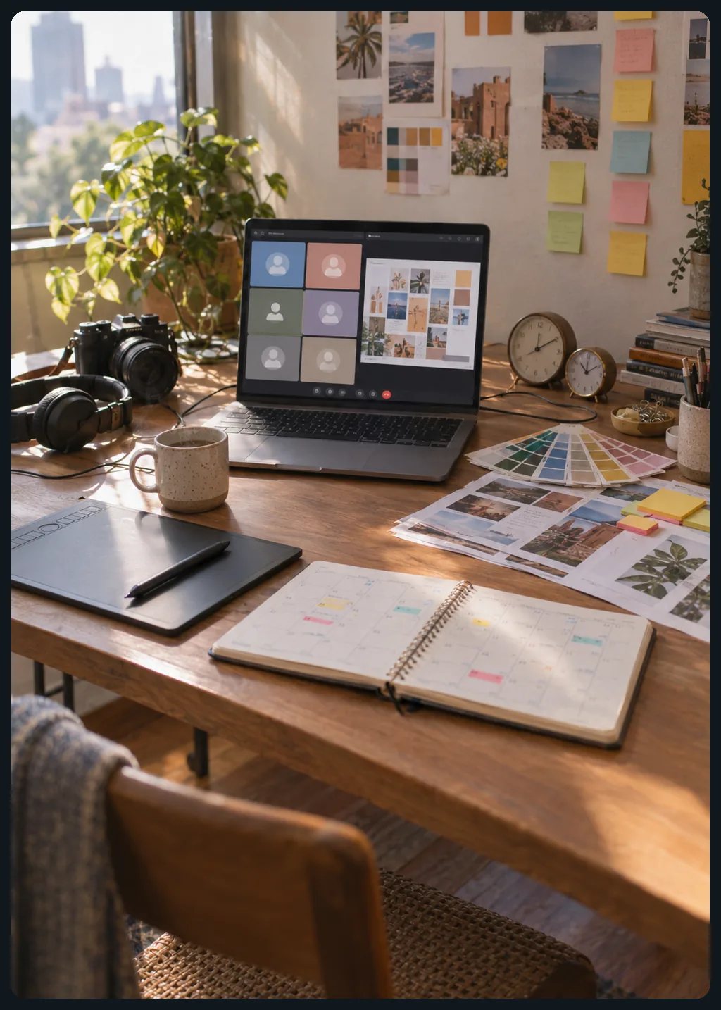 Escritorio de un estudio creativo con una videollamada en curso, agenda mensual, muestrario de color y herramientas de diseño, foto y audio