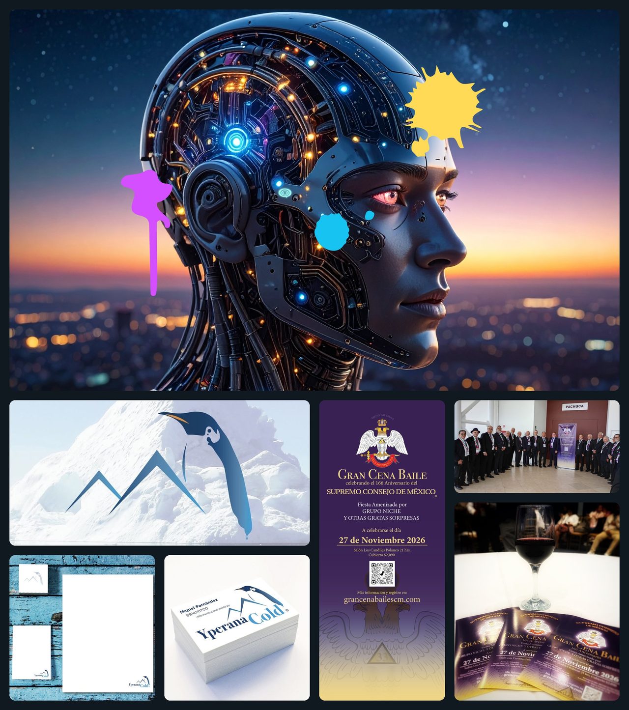 Trabajos de branding y diseño de QHipnosis: ilustración de un robot, identidad de Yperana Cold y campaña de la Gran Cena Baile