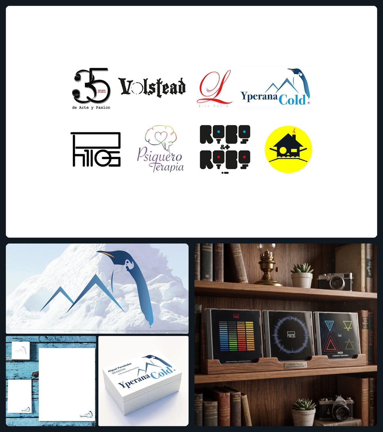 Trabajos de branding y diseño de QHipnosis: logotipos de varias marcas, identidad de Yperana Cold y empaque de discos de HIGS