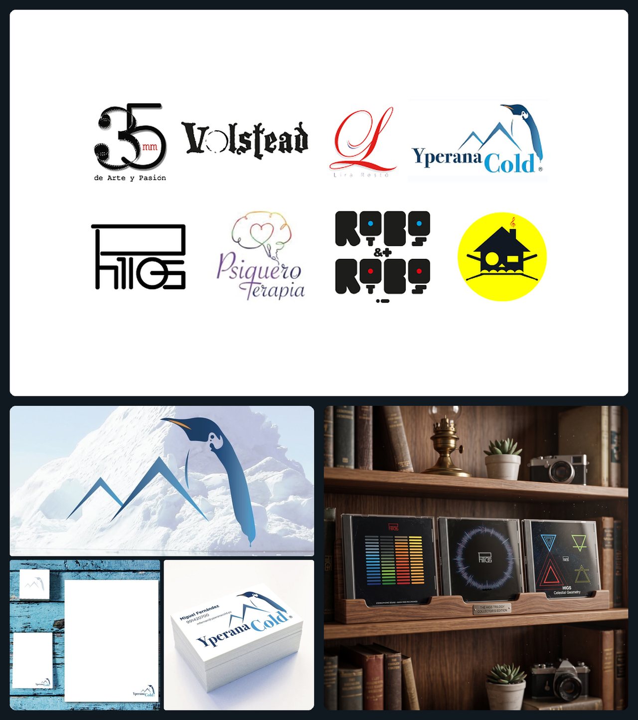 Trabajos de branding y diseño de QHipnosis: logotipos de varias marcas, identidad de Yperana Cold y empaque de discos de HIGS