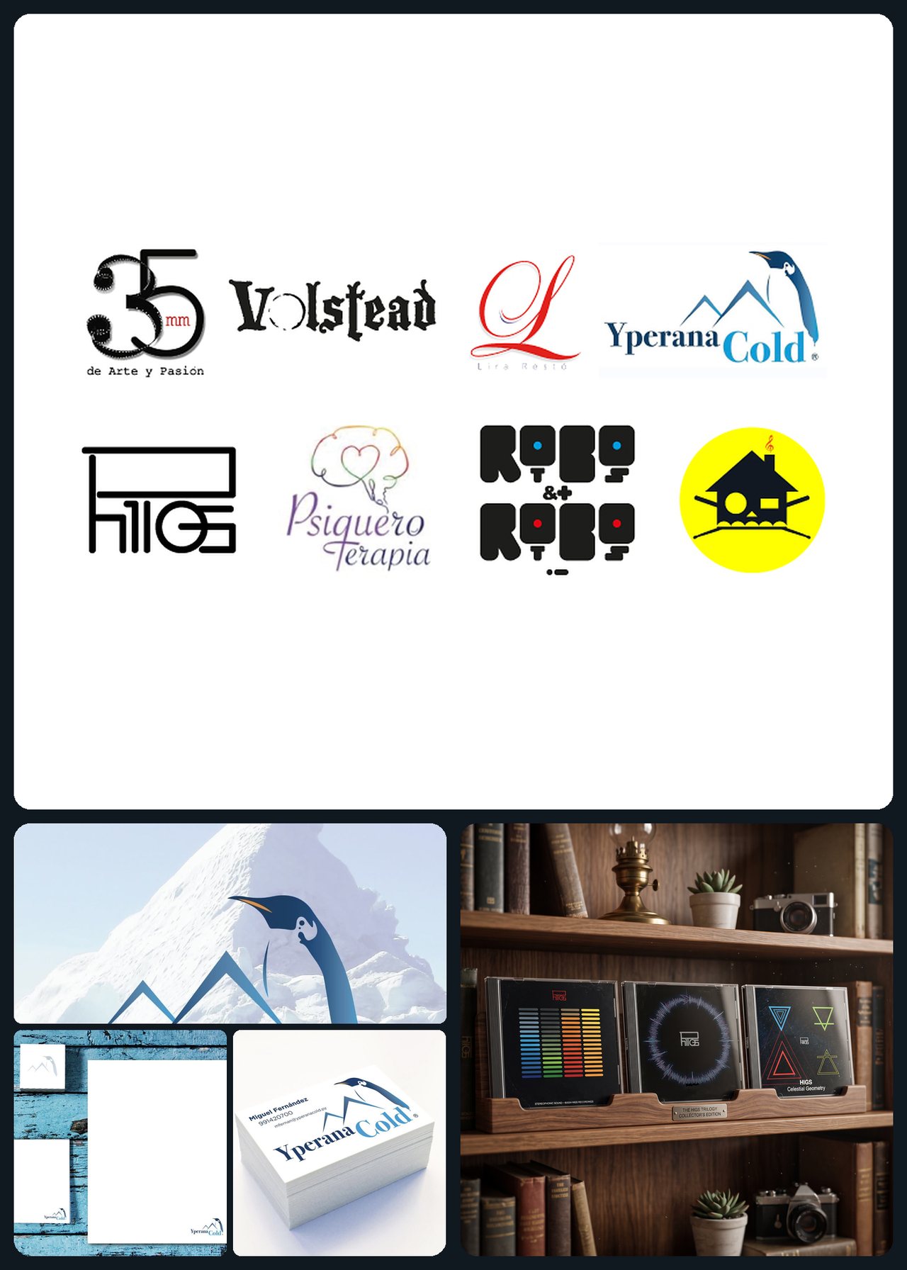 Trabajos de branding y diseño de QHipnosis: logotipos de varias marcas, identidad de Yperana Cold y empaque de discos de HIGS