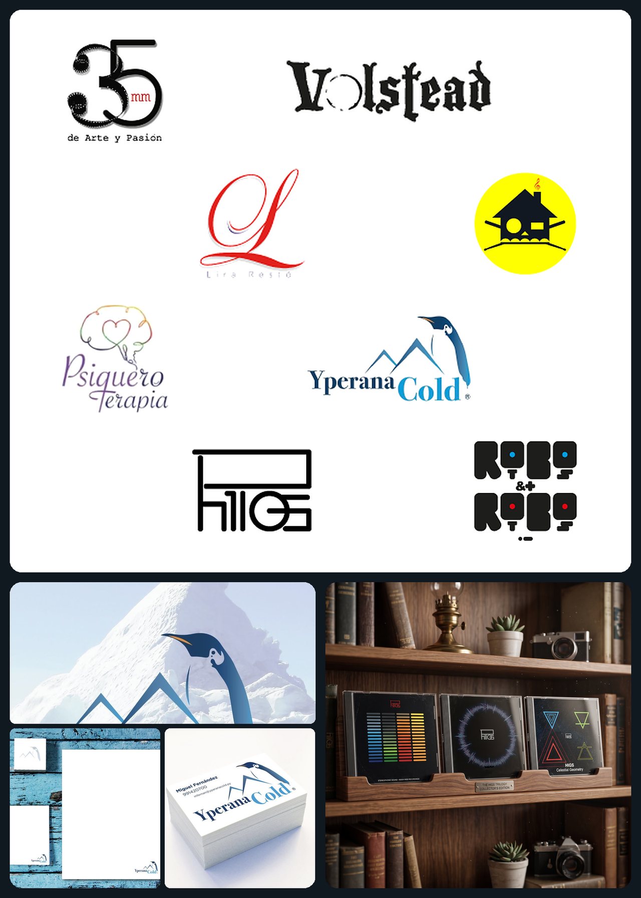 Trabajos de branding y diseño de QHipnosis: logotipos de varias marcas, identidad de Yperana Cold y empaque de discos de HIGS