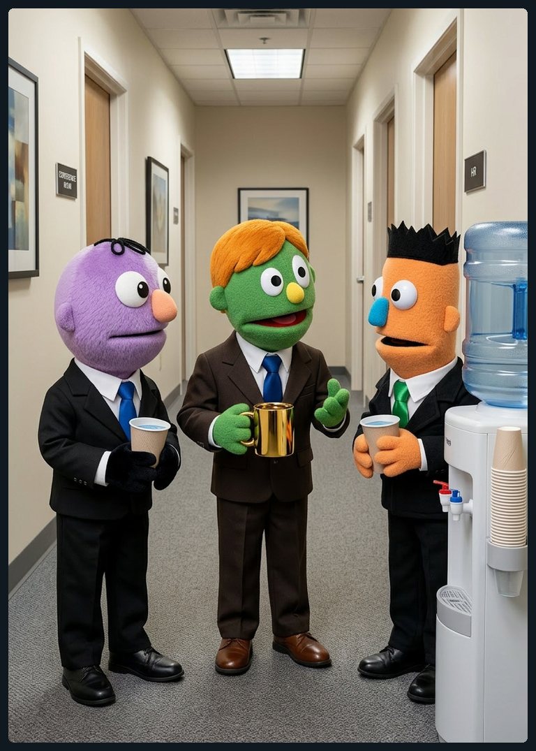 Contenido especial de QHipnosis: tres personajes de peluche en traje conversando junto al garrafón de agua de una oficina