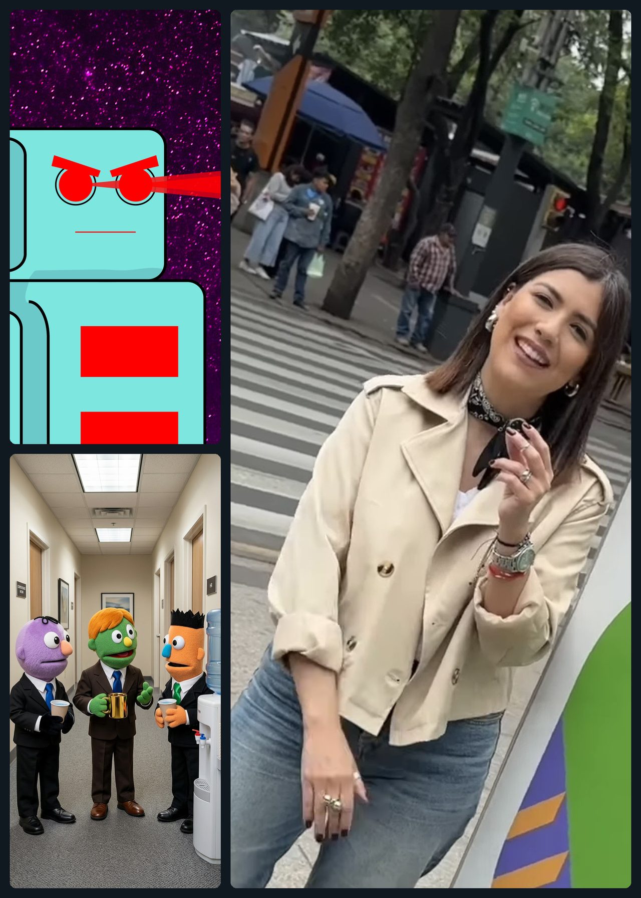 Contenidos especiales de QHipnosis: ilustración de un robot, personajes de peluche en una oficina y una conductora grabando un video en la calle