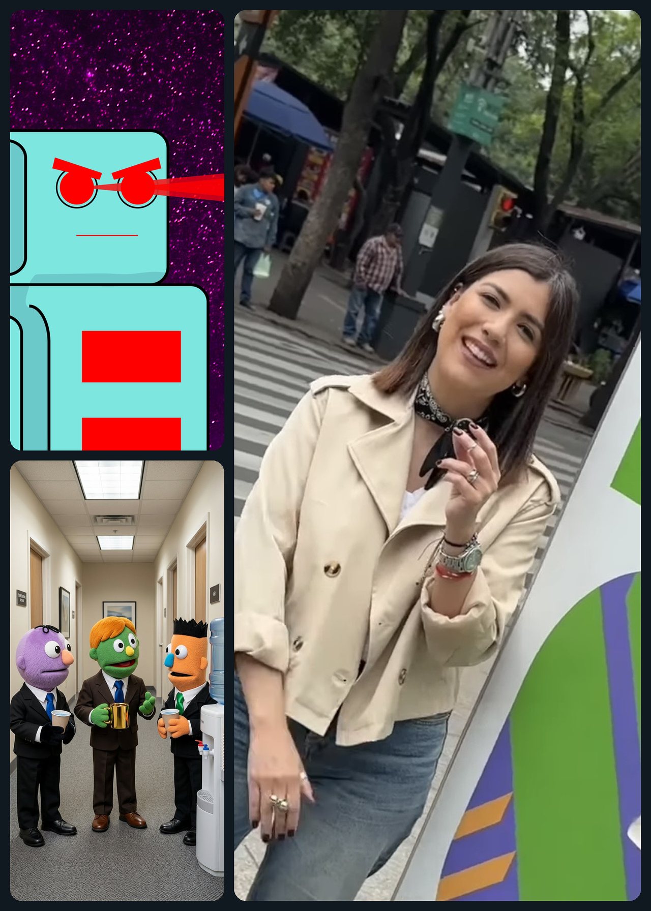Contenidos especiales de QHipnosis: ilustración de un robot, personajes de peluche en una oficina y una conductora grabando un video en la calle
