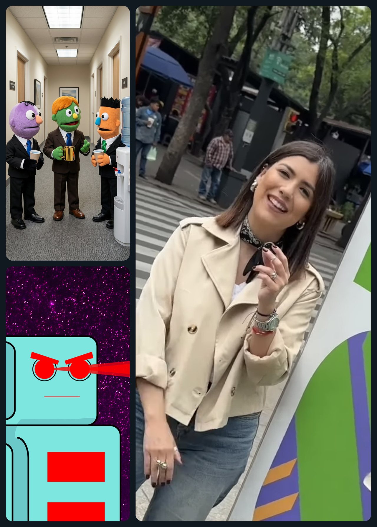 Contenidos especiales de QHipnosis: personajes de peluche en una oficina, ilustración de un robot y una conductora grabando un video en la calle