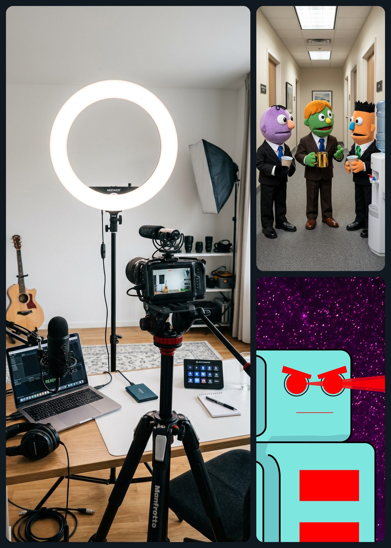 Contenidos especiales de QHipnosis: personajes de peluche en una oficina, ilustración de un robot y un estudio de grabación con aro de luz, cámara y micrófono