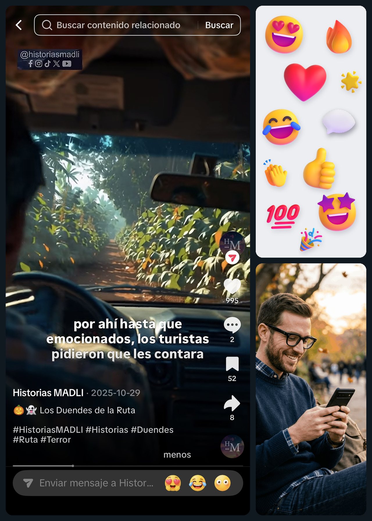 Redes sociales: emojis de reacciones, un hombre sonriendo mientras revisa su celular y una publicación de Historias MADLI en TikTok