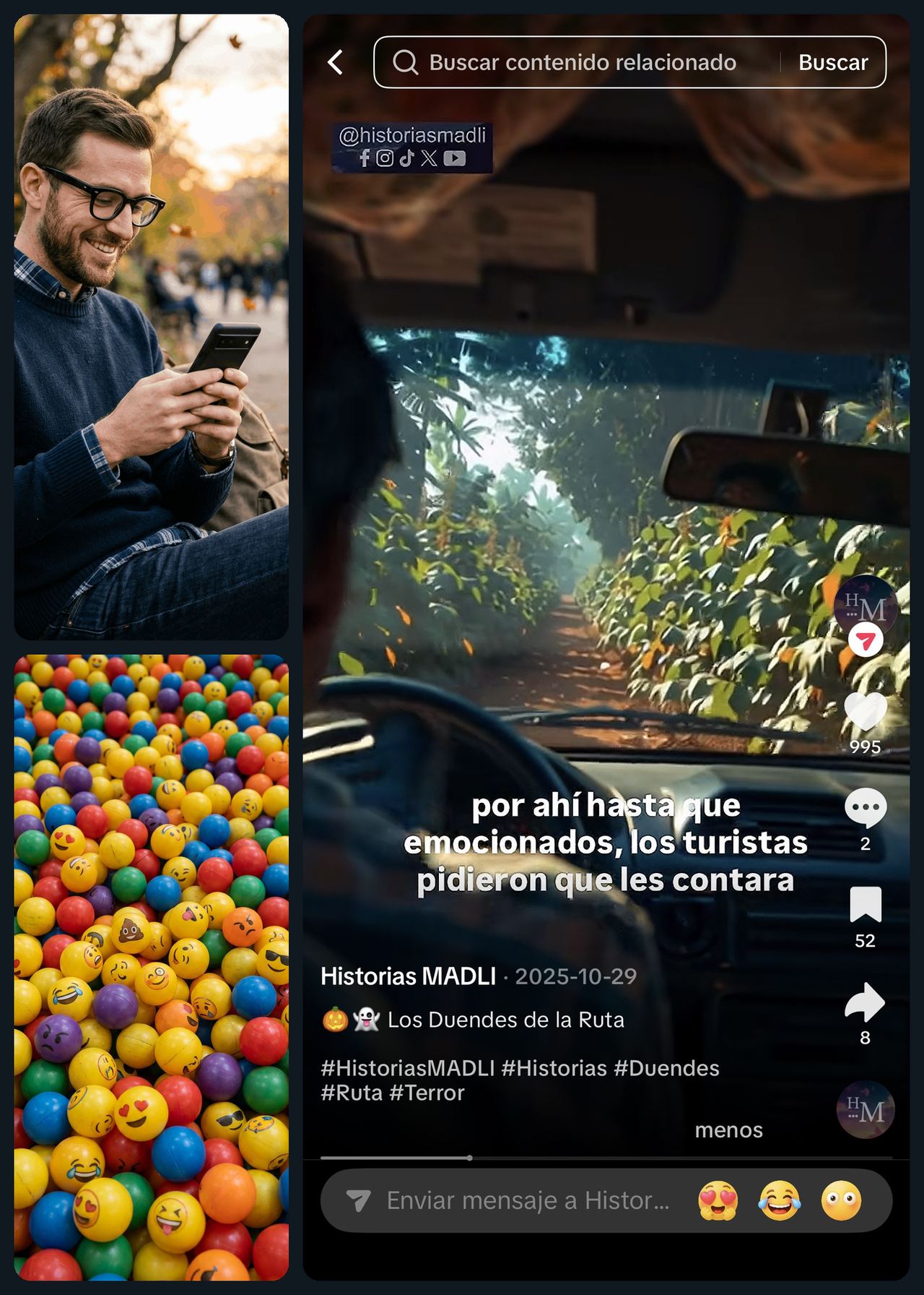 Redes sociales: una publicación de Historias MADLI en TikTok, un hombre sonriendo mientras revisa su celular y pelotas de colores con emojis