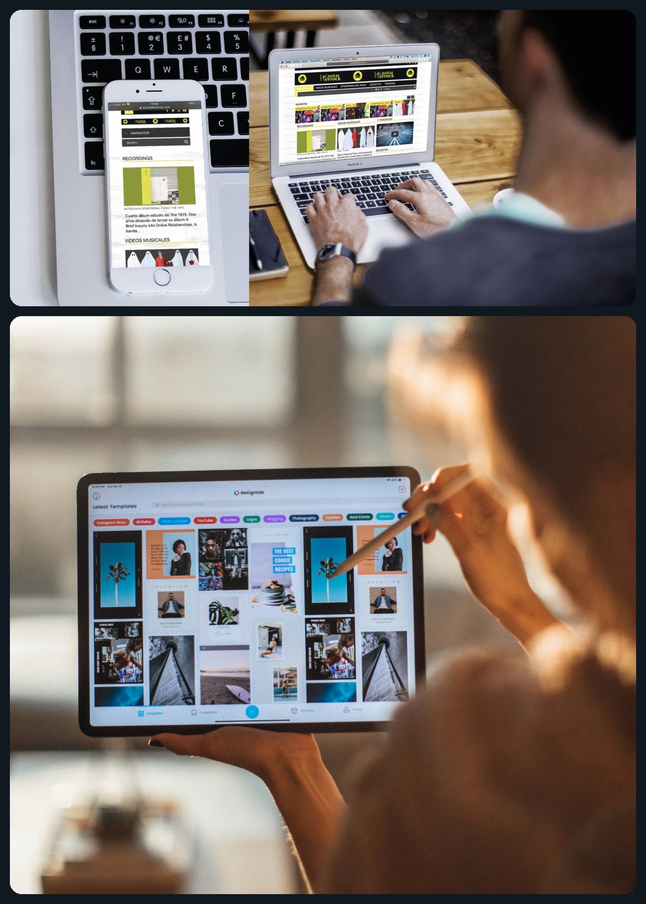 Sitio web de La Casita del Terrock en celular y laptop, y una persona revisando diseños para redes sociales en una tableta